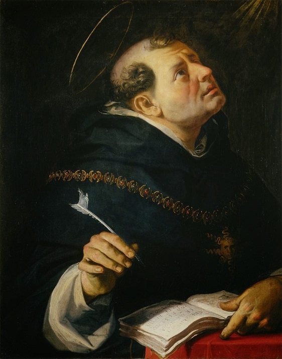 Santo Tomás de Aquino, com a pena na mão e o olhar voltado para o alto